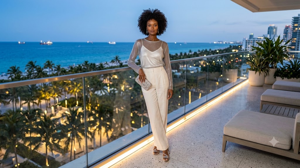 Sheer Metallic Mesh Top & Tailored Ivory Linen Pants